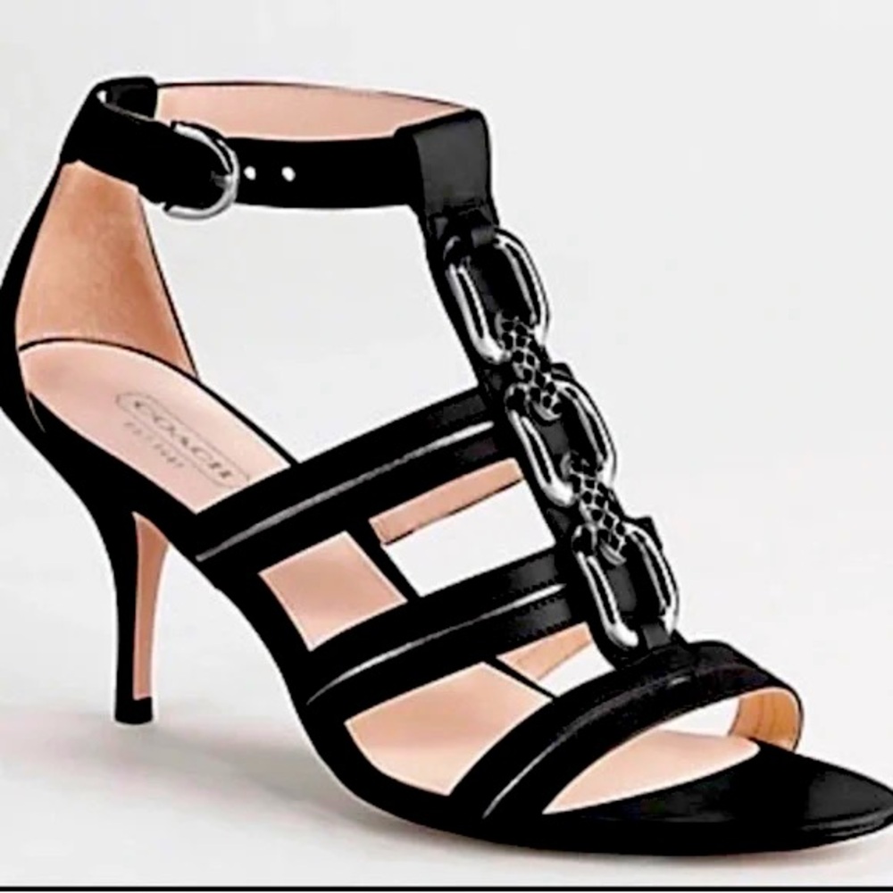 Coach Designer Black Leather Blake Strappy Open-Toe Chain Detail Heels Size 5